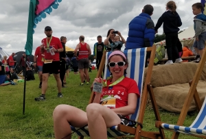 Gemma Scougal sat in a desk chair at the finish of Endure24 2019 Leeds
