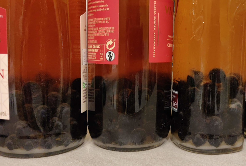 Bottles with sloes and sugar