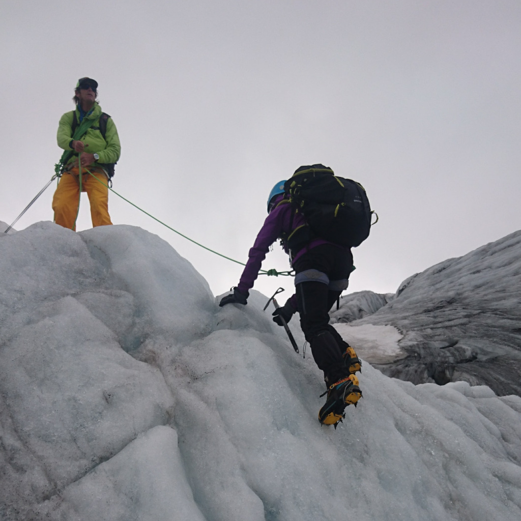 Gemma Scougal mini ice climbing and getting to grips with the crampons and ice axe with Simon Abrahams from Mont Blanc Guides