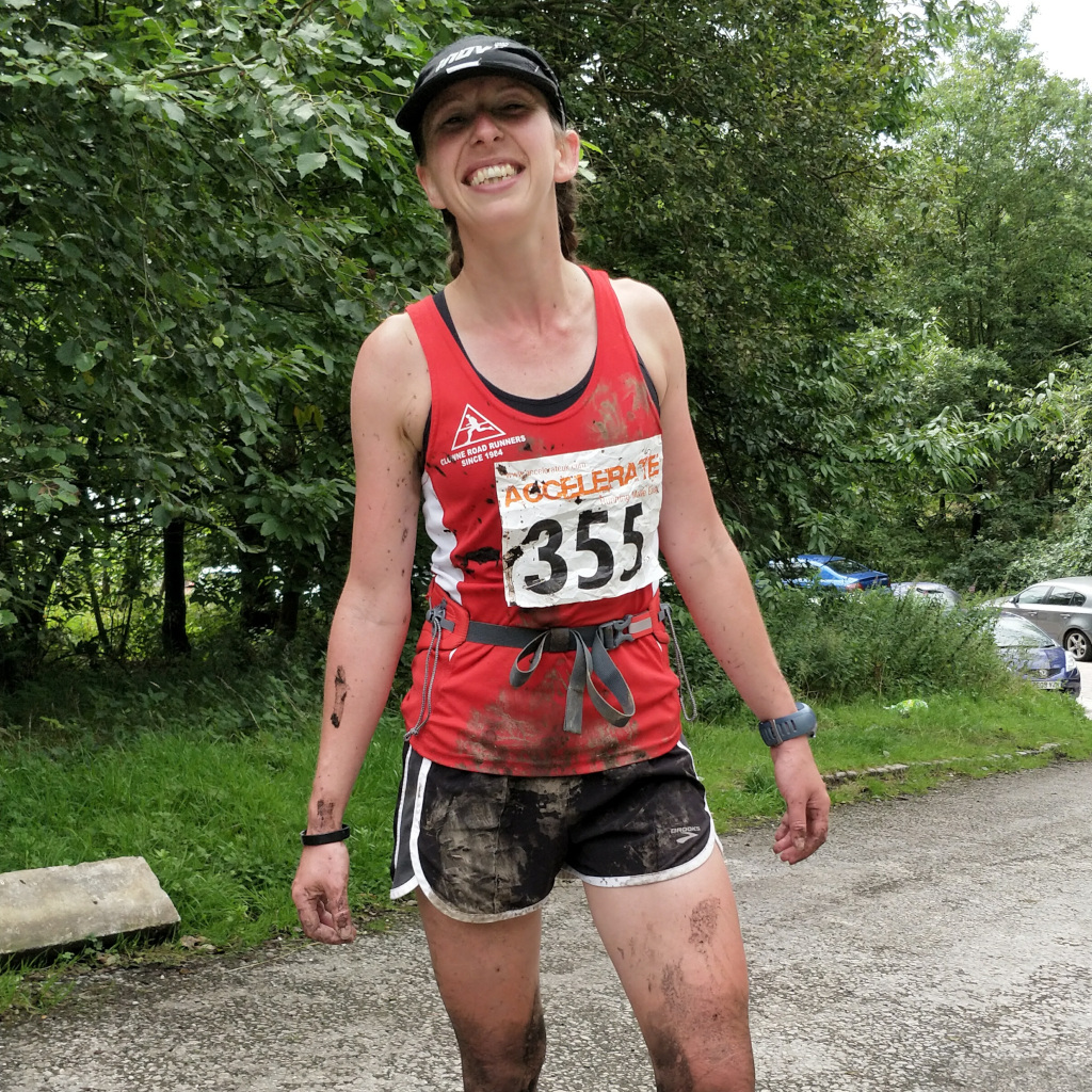 Gemma Scougal (Clowne Road Runners) at the end of Crowden Fell Race - muddy but fun.