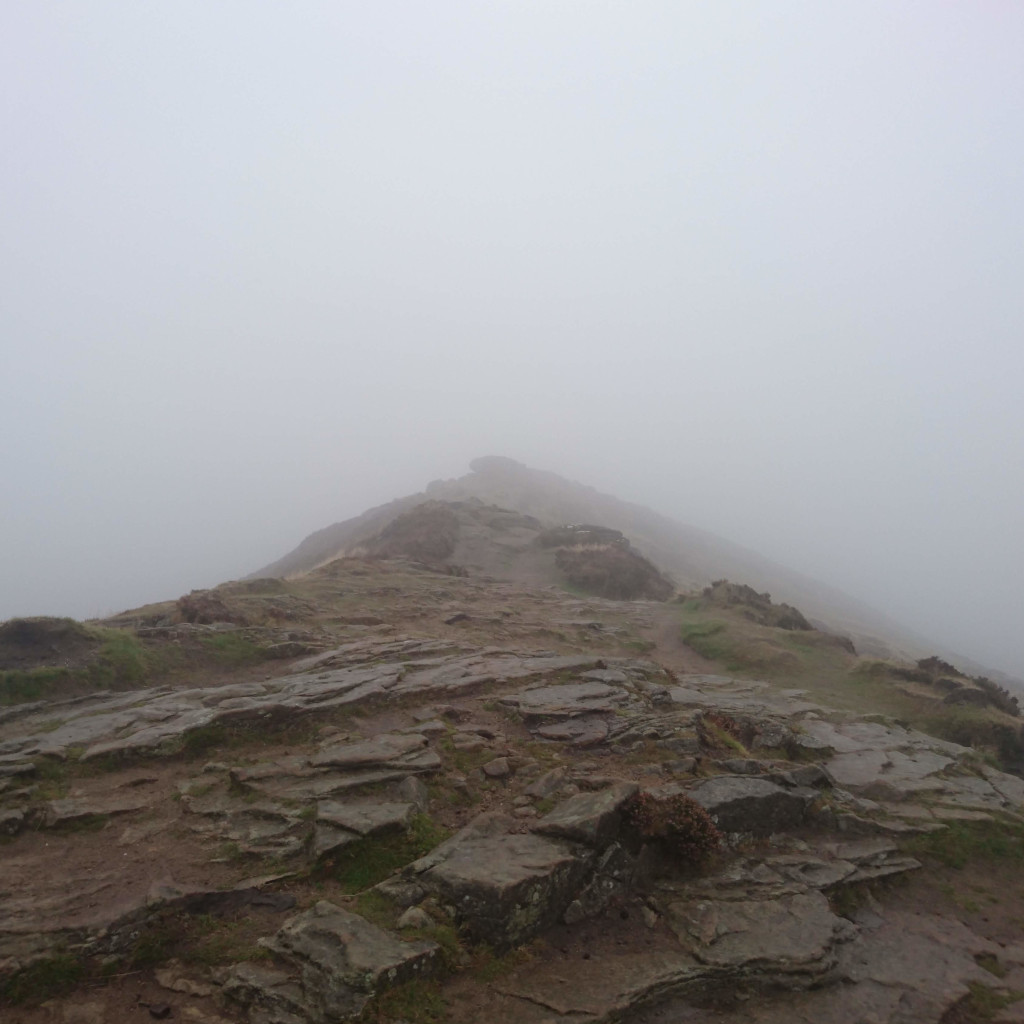 The summit of Win Hill hidden on the fog